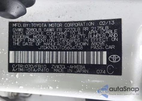 2013 Toyota Prius Three z USA, uszkodzony, nr VIN JTDKN3DU1D5604738